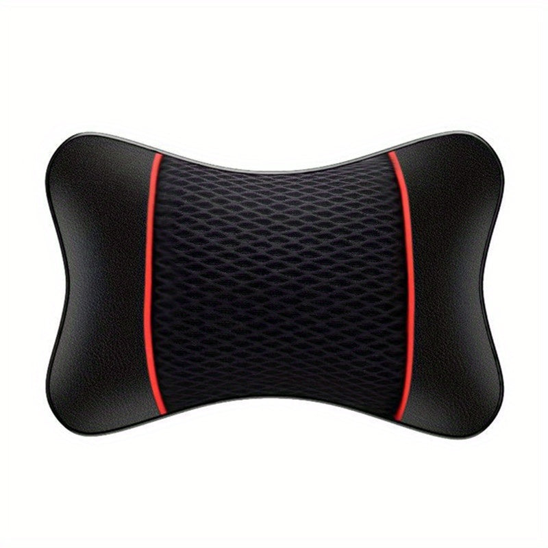 Soft and comfortable car headrest pillow with red accents, enhances driving comfort and style, made of breathable PU leather mesh.