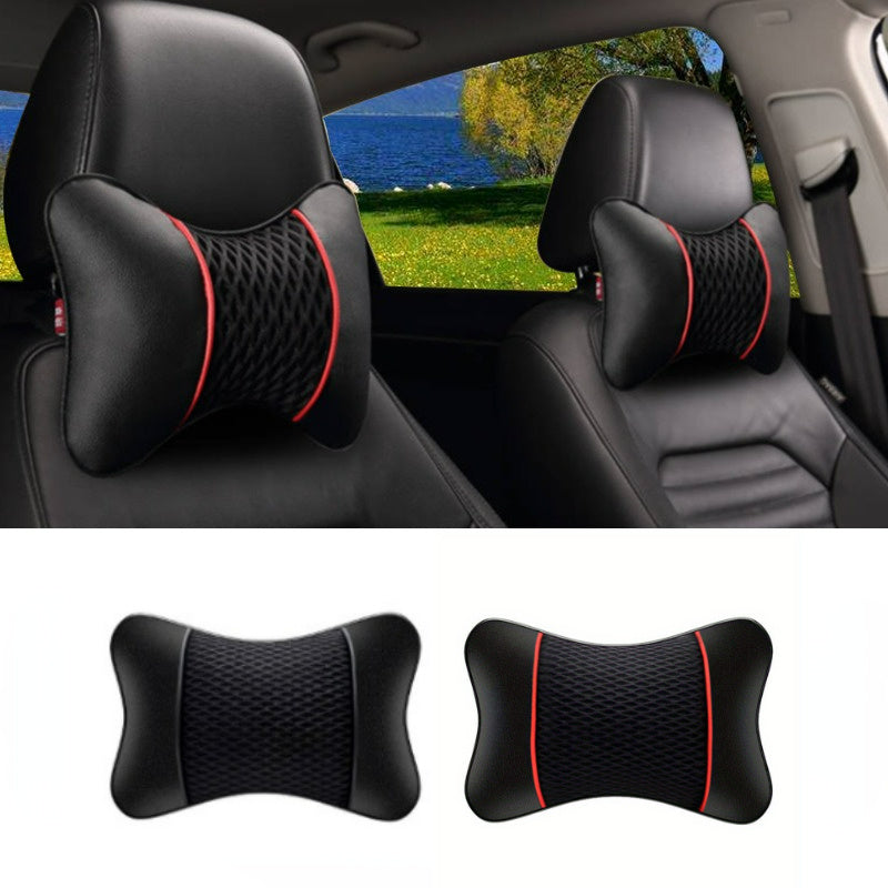 Soft and comfortable car headrest pillow with red accents, enhances driving comfort and style, made of breathable PU leather mesh.