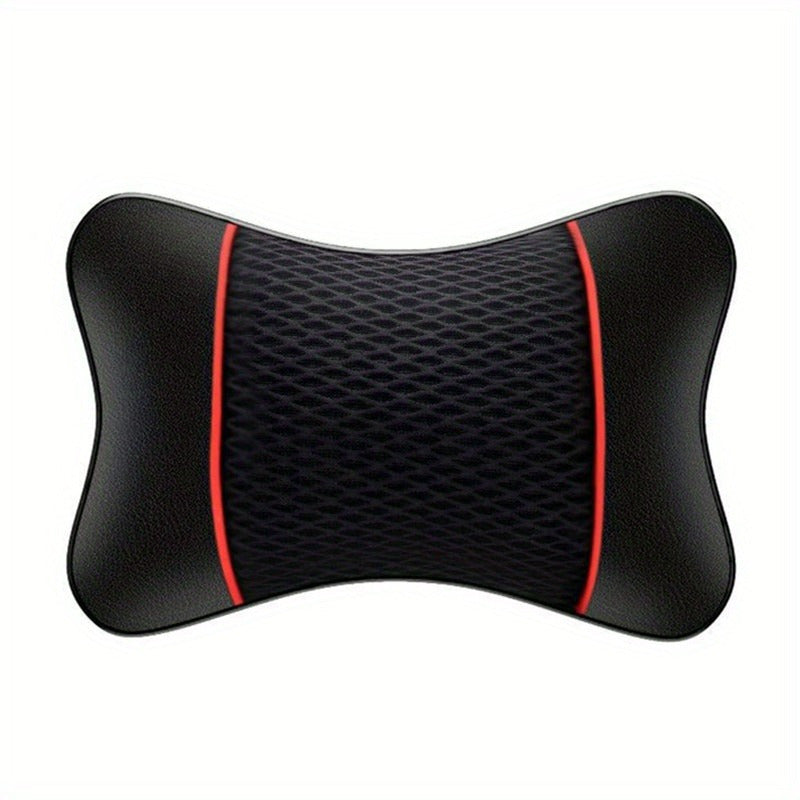 Soft and comfortable car headrest pillow with red accents, enhances driving comfort and style, made of breathable PU leather mesh.