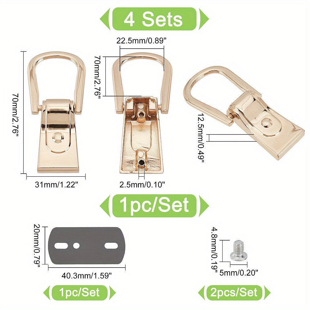 Alloy Metal Side Clip Buckles Set of 4, Rectangular D Ring Hanging Clasps, Connector for Chain Straps, DIY Handbag Hardware, Suspension Accessories for Shoulder Bags