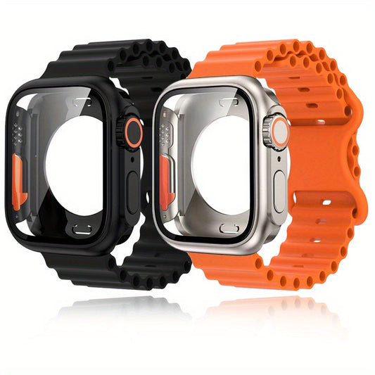 1. Set of 2 breathable silicone sport straps and cases for Apple Watch, includes screen protector, ultra bumper, and wristband bracelet in black and orange. Compatible with iWatch Series 9