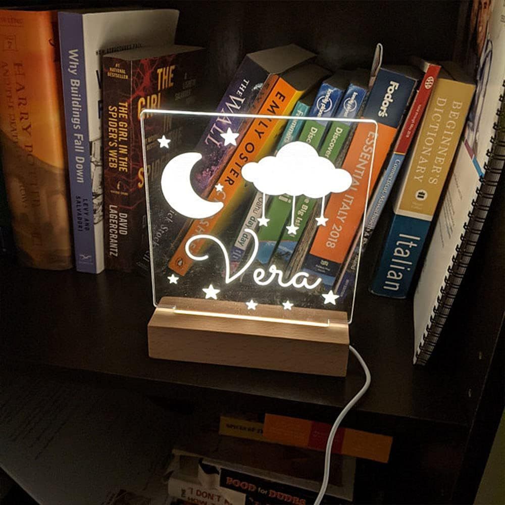 Make your space shine with our Custom LED Night Light featuring Moon and Stars design, personalized with your name. This decorative USB-powered desk light comes with easy button control, perfect for bedroom or game room ambiance. A thoughtful gift for