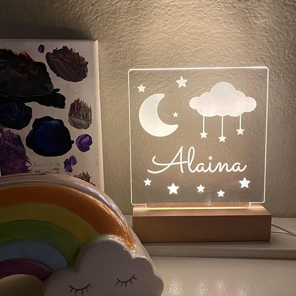 Make your space shine with our Custom LED Night Light featuring Moon and Stars design, personalized with your name. This decorative USB-powered desk light comes with easy button control, perfect for bedroom or game room ambiance. A thoughtful gift for