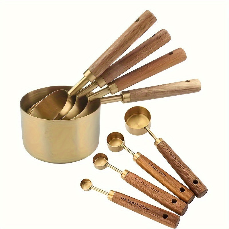 8 piece stainless steel measuring cups and spoons set with durable acacia wood handles, including spice and coffee scoops, nesting design for easy storage.