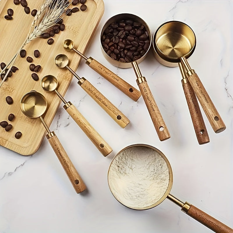 8 piece stainless steel measuring cups and spoons set with durable acacia wood handles, including spice and coffee scoops, nesting design for easy storage.