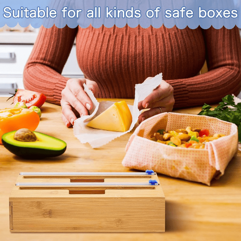 Durable food grade PE material self-adhesive plastic food storage bag sealer with an easy slide cutter for plastic wrap, foil, and parchment paper rolls. Ideal kitchen organizer for food packaging, suitable for all safe boxes.