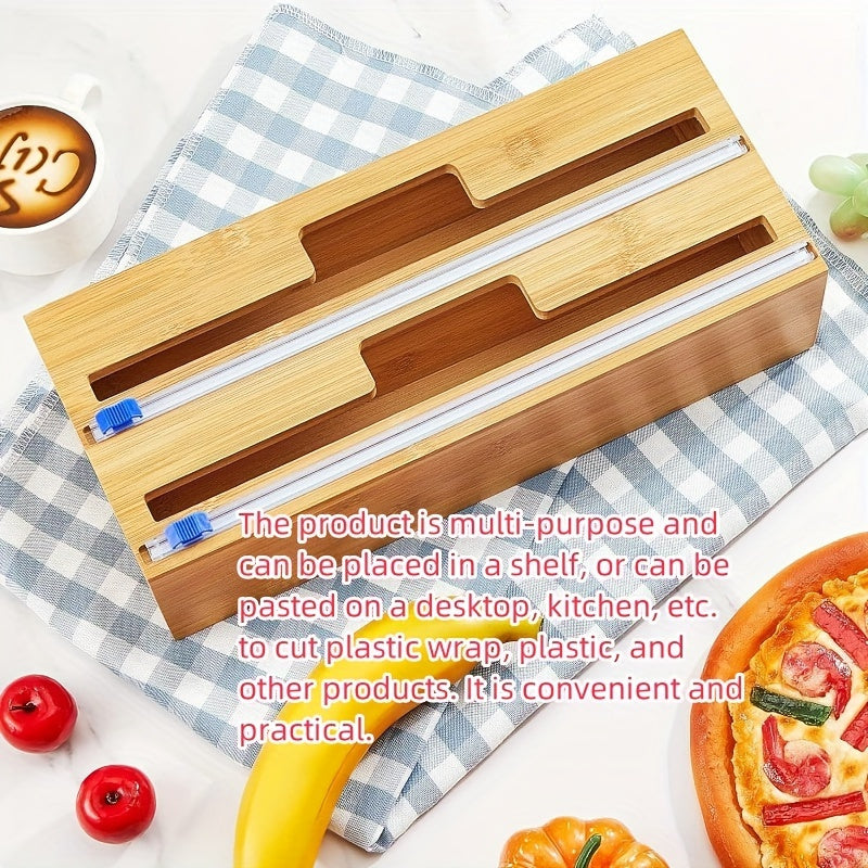 Durable food grade PE material self-adhesive plastic food storage bag sealer with an easy slide cutter for plastic wrap, foil, and parchment paper rolls. Ideal kitchen organizer for food packaging, suitable for all safe boxes.