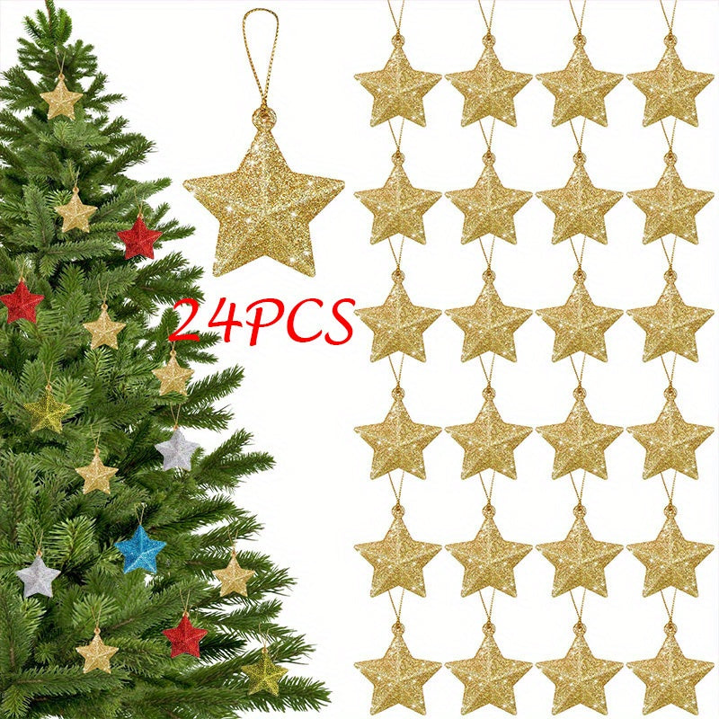 24 Golden Glitter Star Ornaments Christmas Tree Decorations for Festive Parties in 2025.