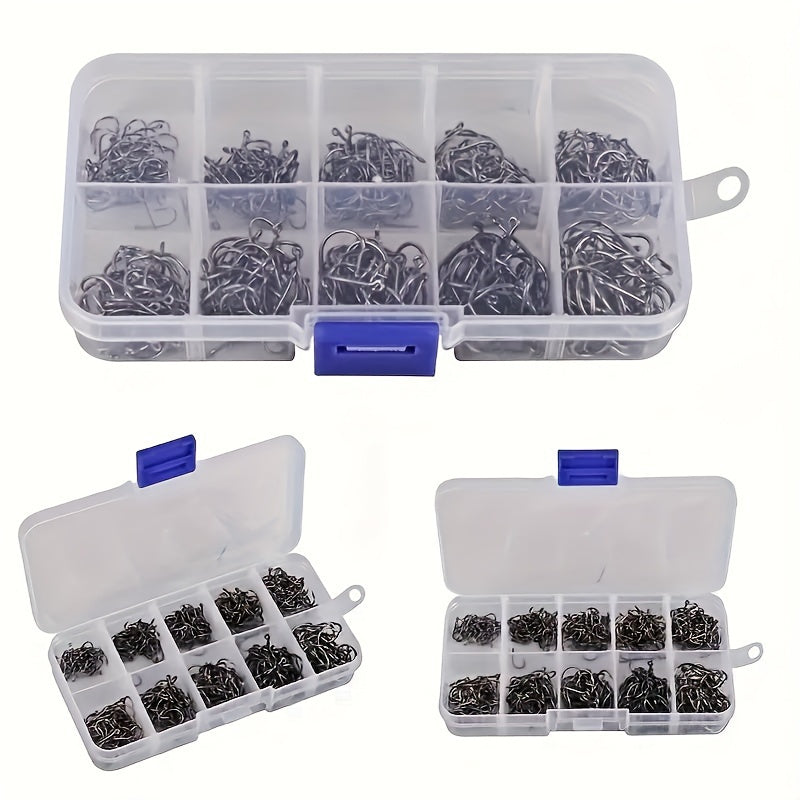 600pcs Fishing Hooks Set with sizes 3#-12# made of carbon steel, barbed and sharp, suitable for freshwater/saltwater fishing. Stored in a craft tool kit with storage box.