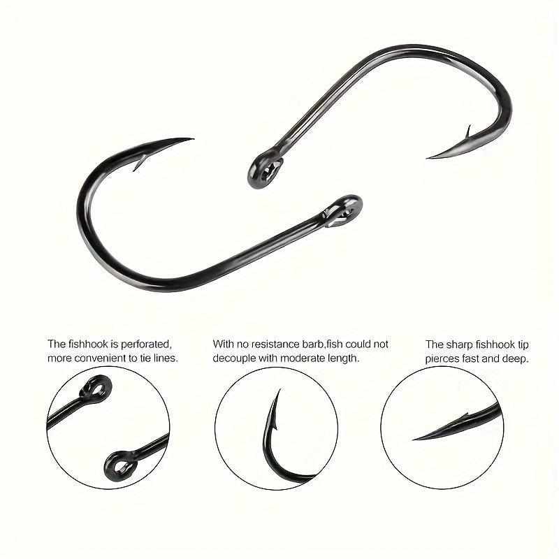 600pcs Fishing Hooks Set with sizes 3#-12# made of carbon steel, barbed and sharp, suitable for freshwater/saltwater fishing. Stored in a craft tool kit with storage box.