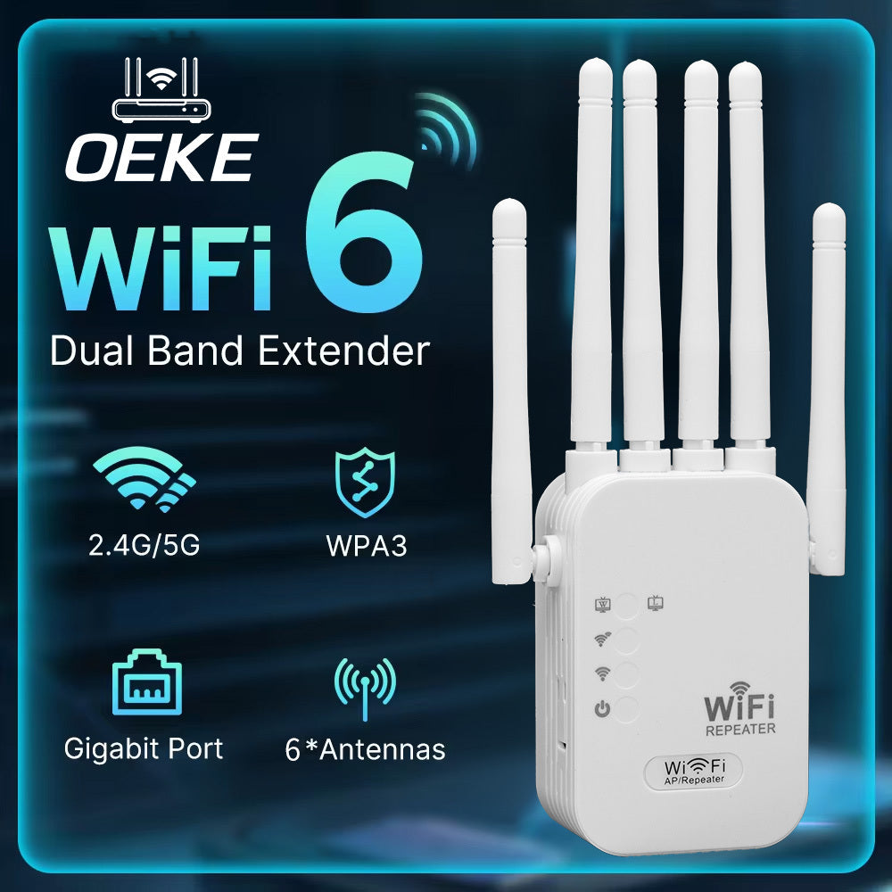 Momotor WiFi Extender - Supports WiFi6 with 1200Mbps speed, six antennas for enhanced signal, AP Mode, Ethernet compatible for stable remote work and online learning, US Plug.