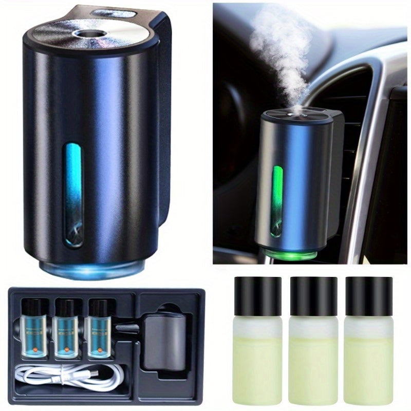 Smart Car Air Aromatherapy Diffuser with three bottles of essential oils.