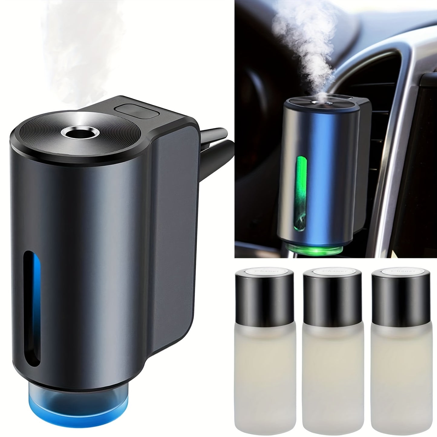 Smart Car Air Aromatherapy Diffuser with three bottles of essential oils.