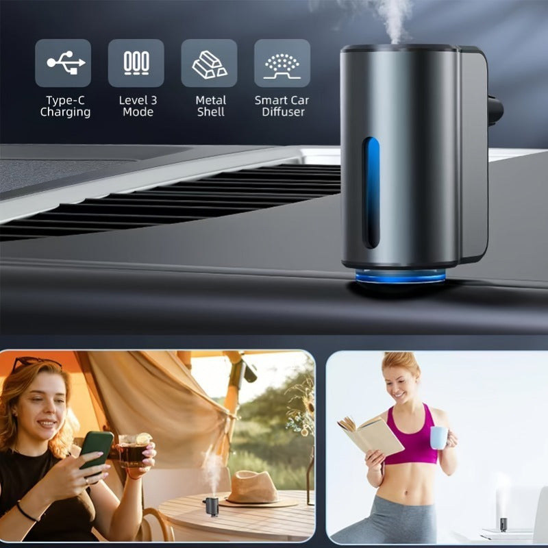 Smart Car Air Aromatherapy Diffuser with three bottles of essential oils.