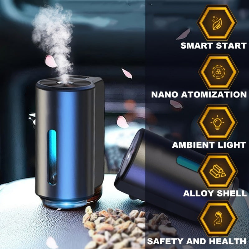 Smart Car Air Aromatherapy Diffuser with three bottles of essential oils.