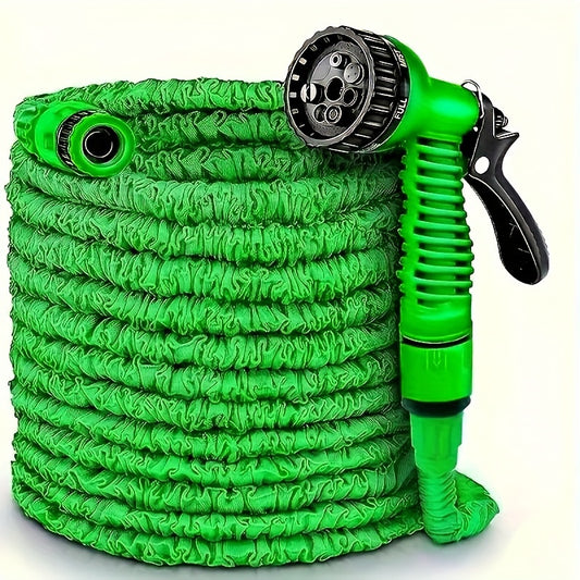 Expandable garden hose, 22.86-meter length, high pressure irrigation, multi-functional car wash pipe, shrinkable design, spray gun included, rubber watering equipment, no battery needed.