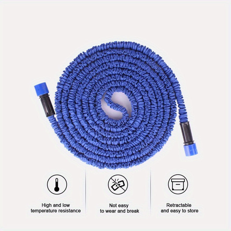 Expandable garden hose, 22.86-meter length, high pressure irrigation, multi-functional car wash pipe, shrinkable design, spray gun included, rubber watering equipment, no battery needed.