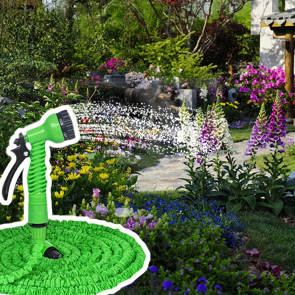 Expandable garden hose, 22.86-meter length, high pressure irrigation, multi-functional car wash pipe, shrinkable design, spray gun included, rubber watering equipment, no battery needed.