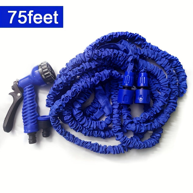 Expandable garden hose, 22.86-meter length, high pressure irrigation, multi-functional car wash pipe, shrinkable design, spray gun included, rubber watering equipment, no battery needed.