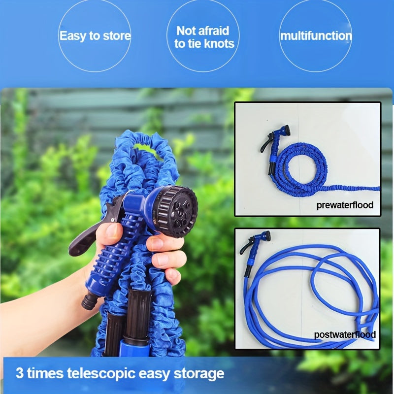 Expandable garden hose, 22.86-meter length, high pressure irrigation, multi-functional car wash pipe, shrinkable design, spray gun included, rubber watering equipment, no battery needed.