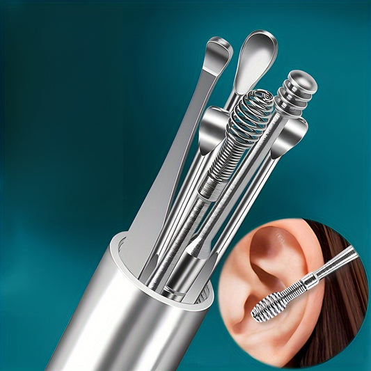 Set of 6 stainless steel ear cleaning tools with spiral and cylindrical designs, portable keychain set for household use.