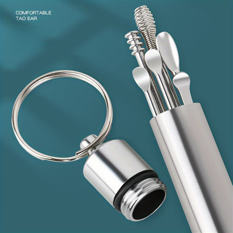 Set of 6 stainless steel ear cleaning tools with spiral and cylindrical designs, portable keychain set for household use.