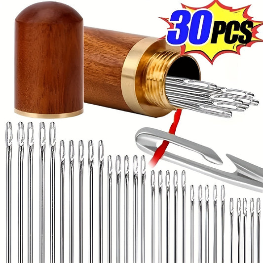 30 assorted self-threading hand sewing needles in various sizes with side opening for quick threading, stored in wooden tube. Ideal for sewing, knitting, and crafts.