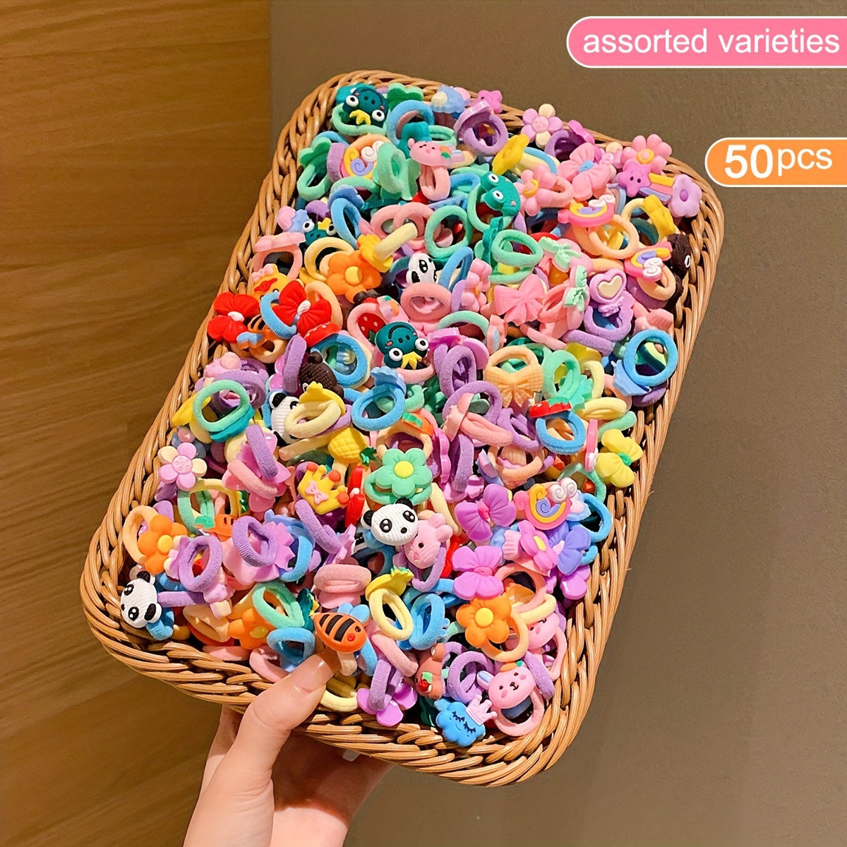 50 colorful cartoon hair bands, ideal for party and holiday hairstyles for girls.