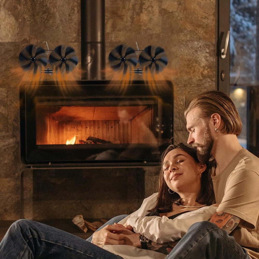 12-Blade Metal Fireplace Fan with Dual Heads, Portable Design for High-Efficiency Silent Heat Dissipation. Table Fan Style for Air Circulation, No Electricity Required. Includes Multiple Components and Features a Painted Finish.