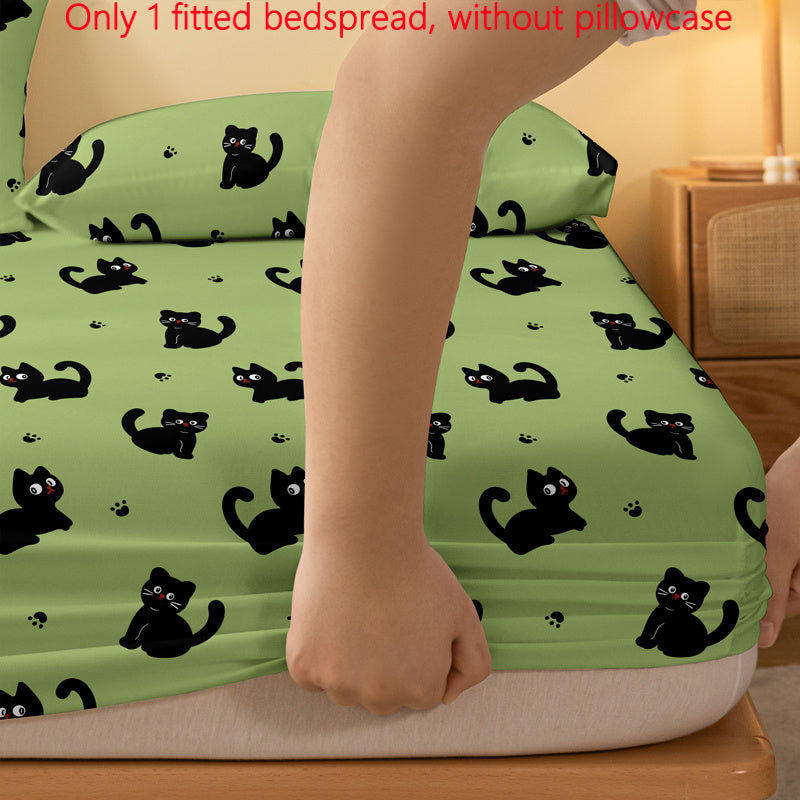 Black Cat Cartoon Print Fitted Sheet - Made of Soft Brushed Polyester with Deep Pockets, Perfect for Bedroom & Guest Room Decor, Easy to Clean in Washing Machine, Ideal Gift for Christmas