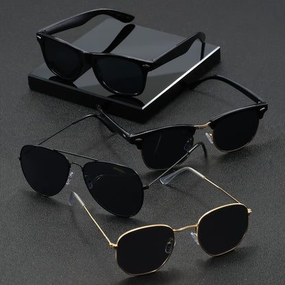 4 pairs of men's black and beige oval street casual fashion glasses for daily commuter and business use.