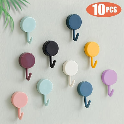 10 colorful adhesive hooks for easy wall-mounted storage in kitchen and bathroom, no drilling needed.