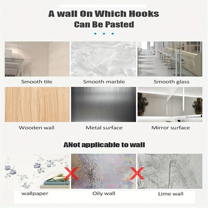 10 colorful adhesive hooks for easy wall-mounted storage in kitchen and bathroom, no drilling needed.