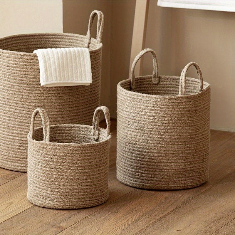 Round Rustic Cotton Rope Laundry Basket with Handles - Perfect for Different Rooms, Foldable Storage Solution for Clothes and Toys