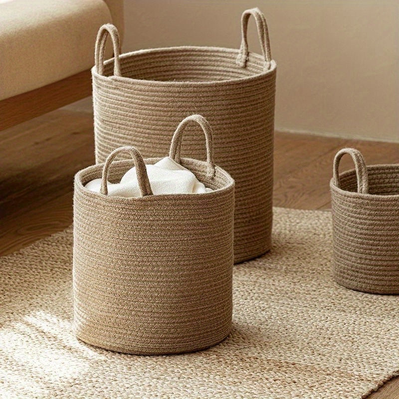 Round Rustic Cotton Rope Laundry Basket with Handles - Perfect for Different Rooms, Foldable Storage Solution for Clothes and Toys