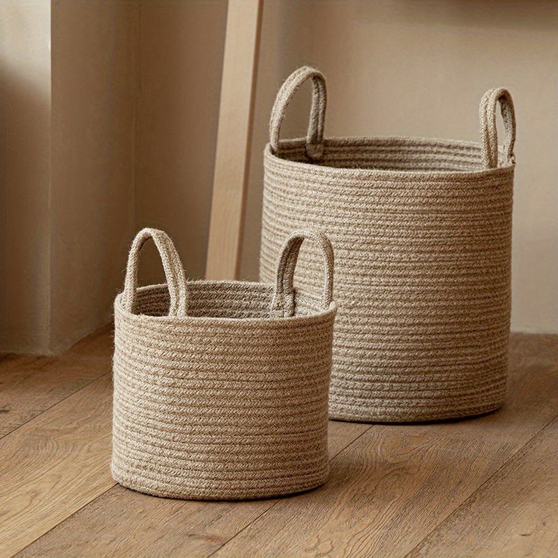 Round Rustic Cotton Rope Laundry Basket with Handles - Perfect for Different Rooms, Foldable Storage Solution for Clothes and Toys