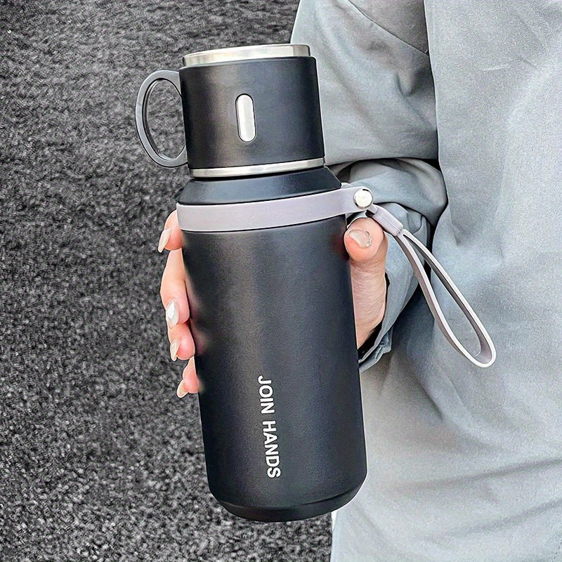 Stainless steel water bottle with tea infuser, leak-proof lid, vacuum insulated for outdoor activities, BPA-free, reusable, keeps drinks hot for 8 hours and cold for 24 hours, includes rope for portability, hand wash only, can be used as a coffee mug -