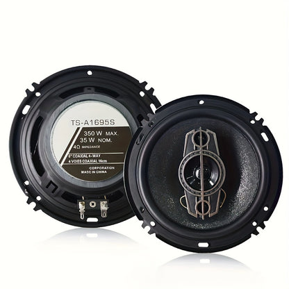 2 Q-PERTORS 6-Inch 4-Way Car HiFi Coaxial Speakers with 700W output and enhanced sound clarity and bass performance. Includes dust cover and audio cable for car door systems.