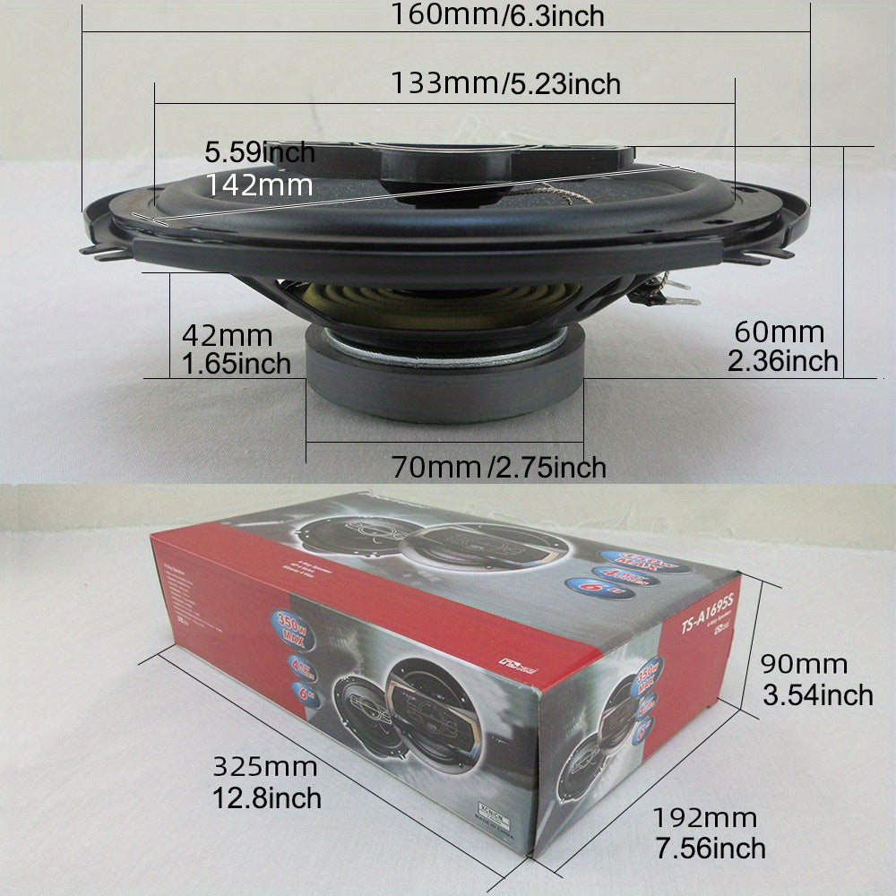 2 Q-PERTORS 6-Inch 4-Way Car HiFi Coaxial Speakers with 700W output and enhanced sound clarity and bass performance. Includes dust cover and audio cable for car door systems.