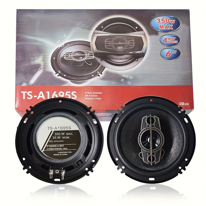 2 Q-PERTORS 6-Inch 4-Way Car HiFi Coaxial Speakers with 700W output and enhanced sound clarity and bass performance. Includes dust cover and audio cable for car door systems.