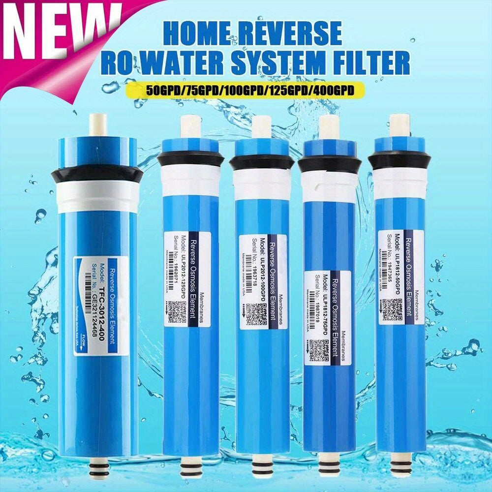 Premium NSF Certified Reverse Osmosis Membrane in blue with black end caps, available in 75/100/150 GPD, made of durable PPSU material for under sink drinking water systems.