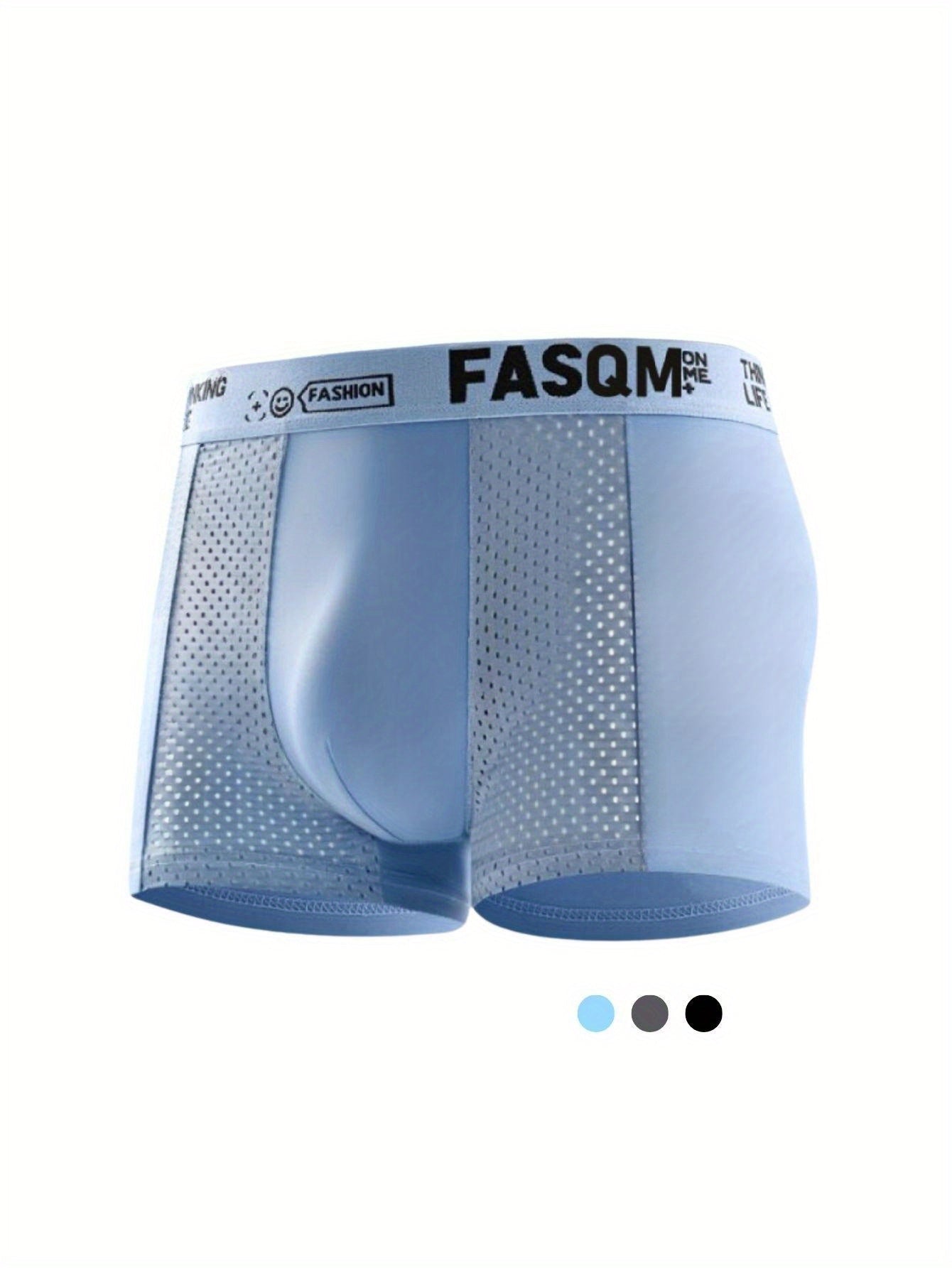 Plus Size Men's Ice Charm Boxer Briefs with Mesh Patch Breathable Stretchy Trunks in Green, Sky Blue, Black, or Deep Gray with Contrast Letter Print Waist Band, PLUS SIZE