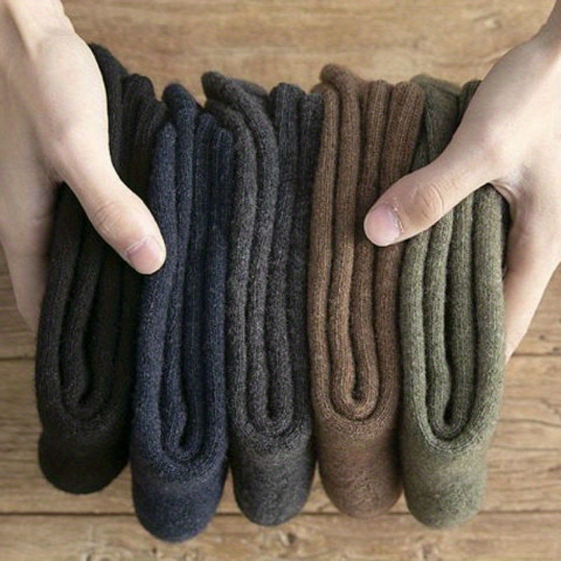 4 Men's Thick Warm Crew Socks - Solid Color, Polyester Blend for Fall & Winter