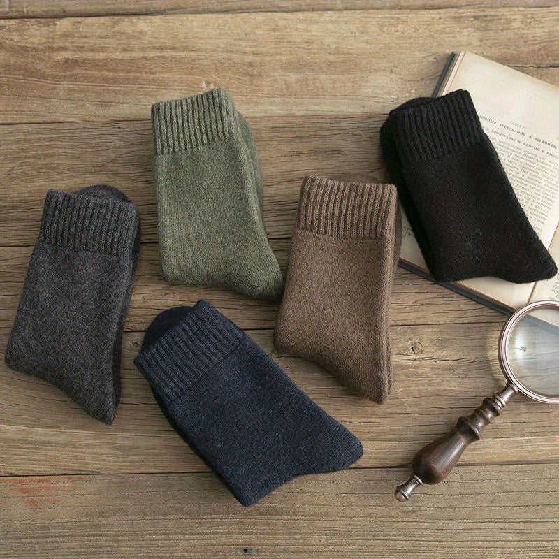 4 Men's Thick Warm Crew Socks - Solid Color, Polyester Blend for Fall & Winter