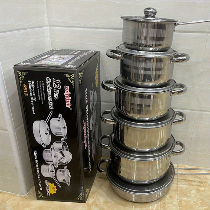 Stainless Steel Cookware Set with 12 Pieces - Ideal for Both Home and Restaurant Kitchens, Long-lasting and Simple to Maintain