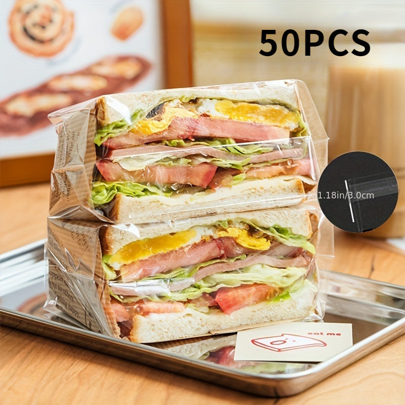 50/100pcs Food Grade Plastic Sandwich Bags - Transparent, Resealable, flat bread packaging for freshness & display. Ideal for food storage and presentation. Visible content storage for