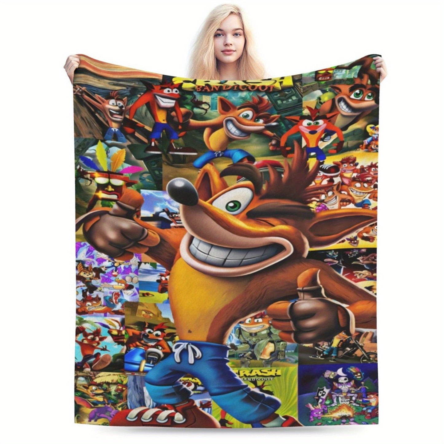 Stay cozy and stylish with the Crash Bandicoot Anime Flannel Throw Blanket! This high-quality blanket is made with polyester non-woven fabric and features digital printing in a mixed color glam style. It is lightweight, soft, and warm for all seasons