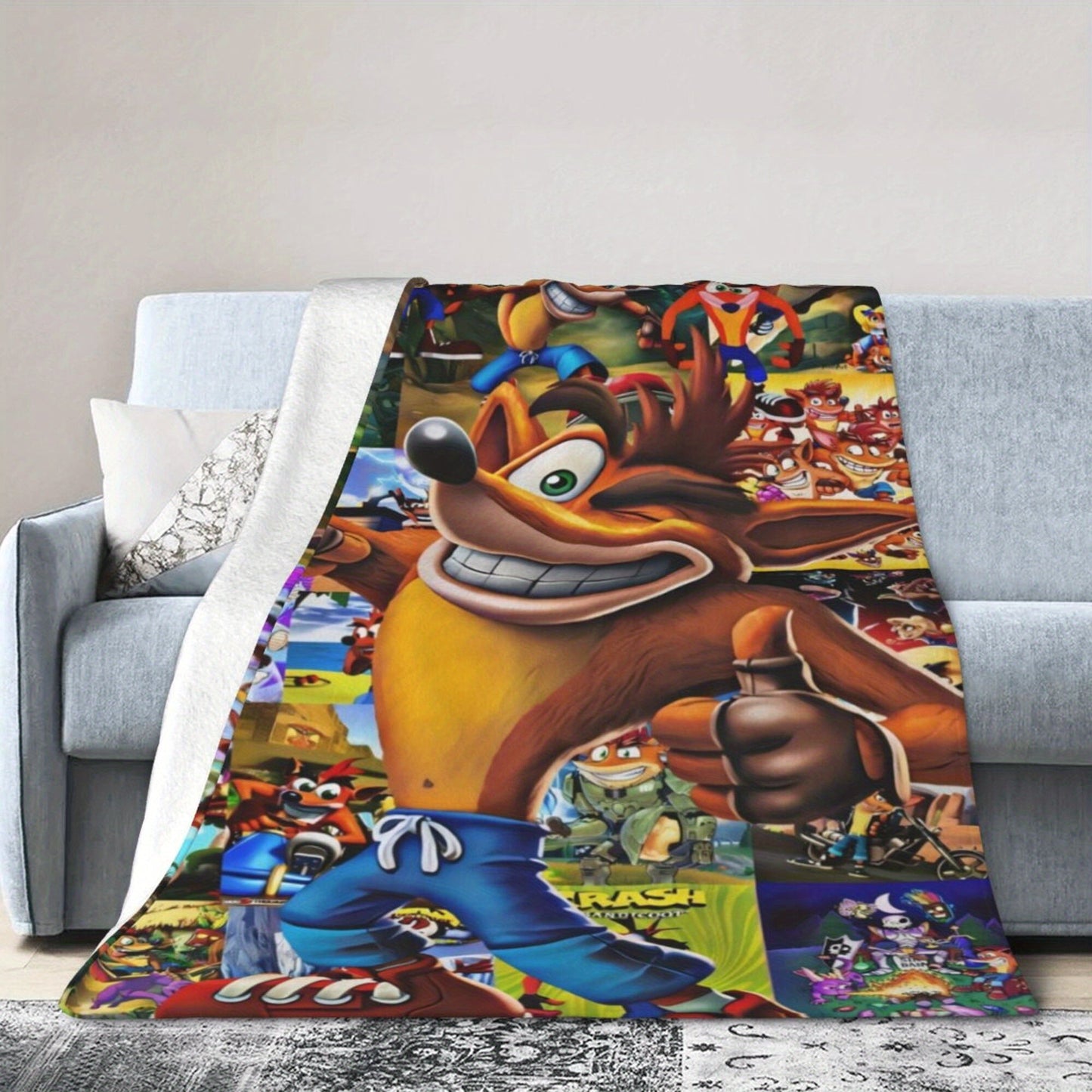 Stay cozy and stylish with the Crash Bandicoot Anime Flannel Throw Blanket! This high-quality blanket is made with polyester non-woven fabric and features digital printing in a mixed color glam style. It is lightweight, soft, and warm for all seasons