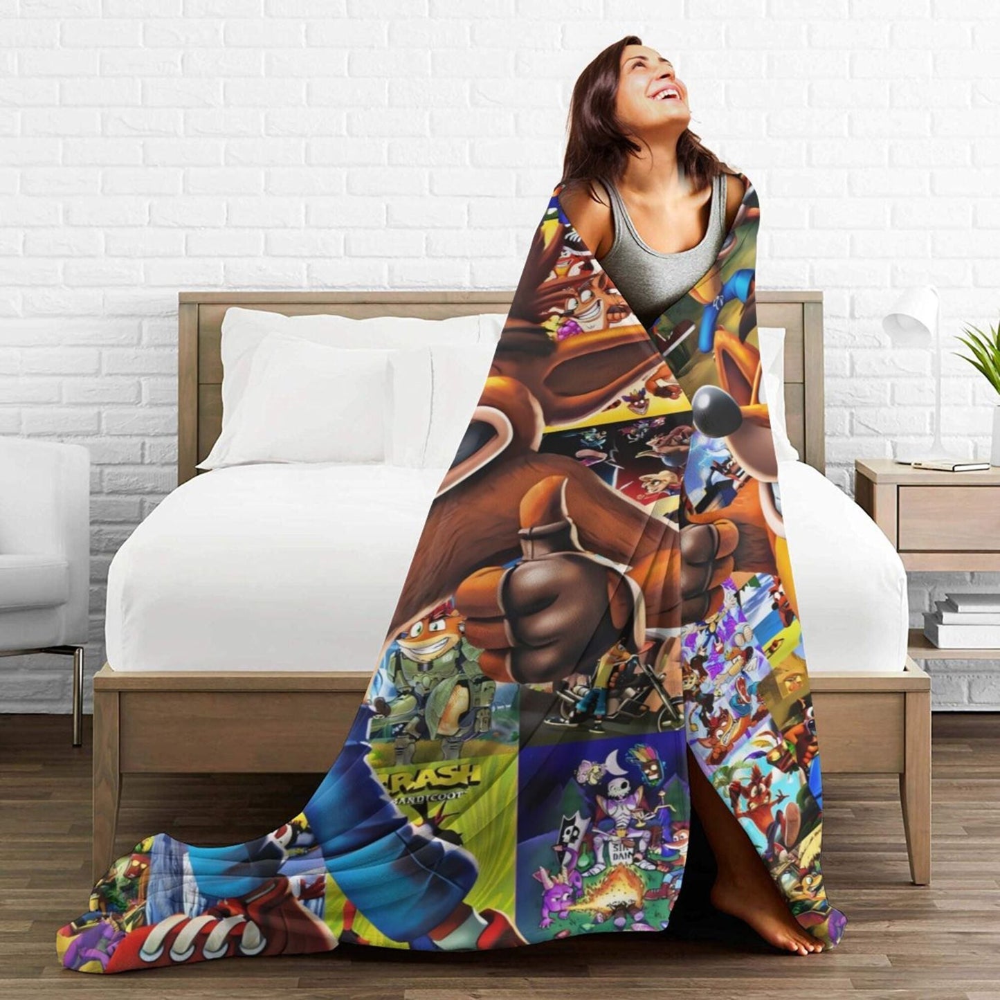 Stay cozy and stylish with the Crash Bandicoot Anime Flannel Throw Blanket! This high-quality blanket is made with polyester non-woven fabric and features digital printing in a mixed color glam style. It is lightweight, soft, and warm for all seasons