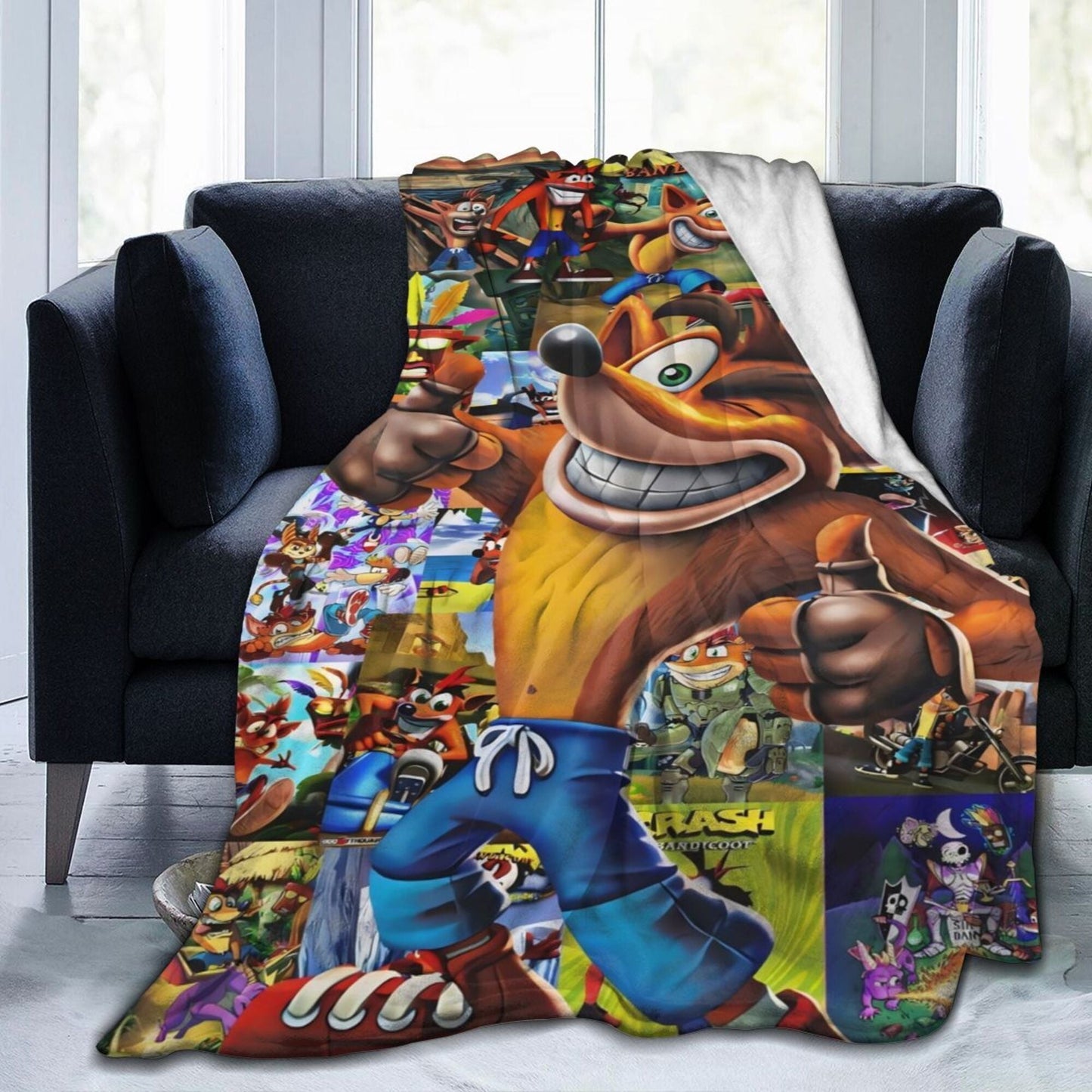 Stay cozy and stylish with the Crash Bandicoot Anime Flannel Throw Blanket! This high-quality blanket is made with polyester non-woven fabric and features digital printing in a mixed color glam style. It is lightweight, soft, and warm for all seasons